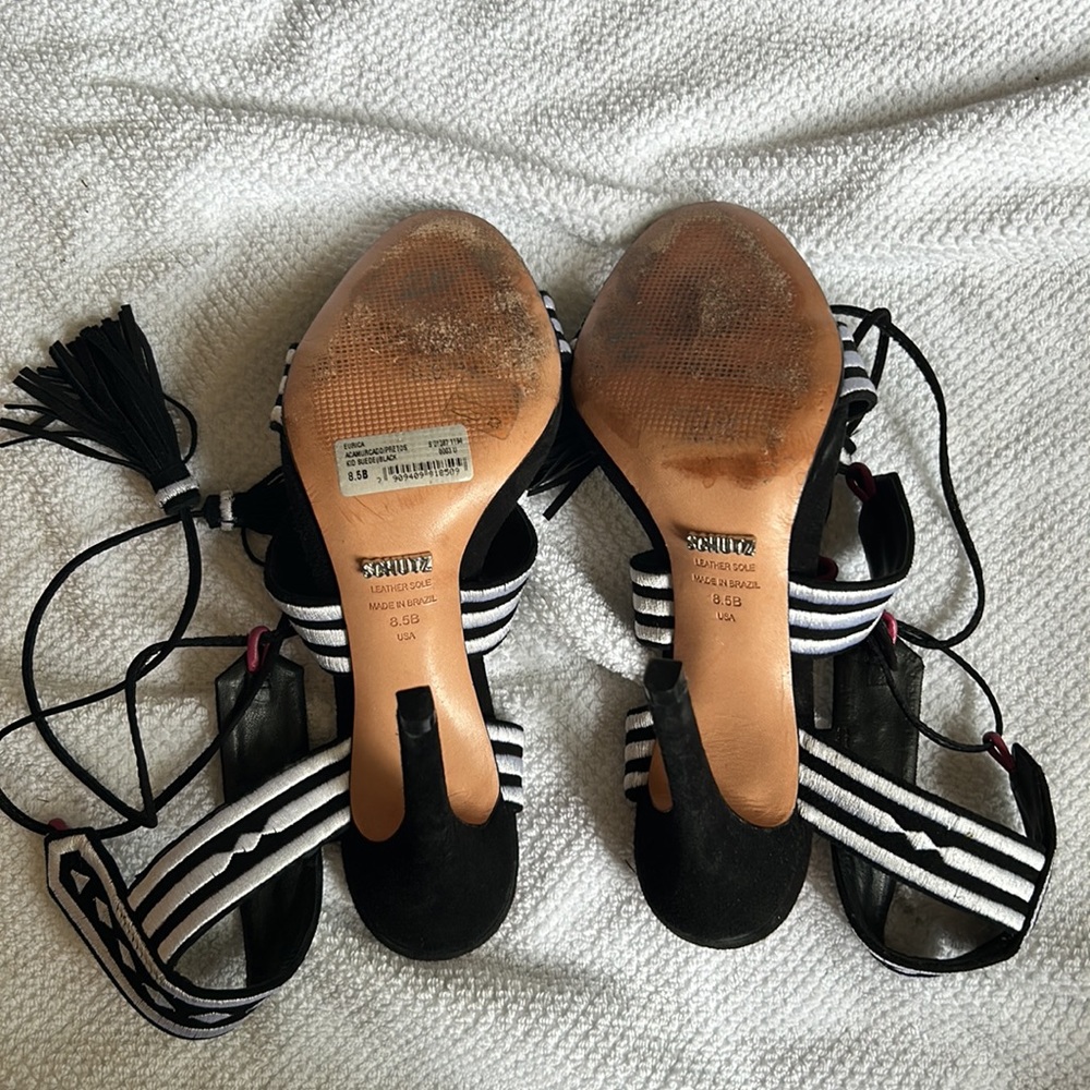 Black Suede Lace up Schutz Heels w/ Pink, White, & Fringe Detail (Size 8.5) - Picture 8 of 12